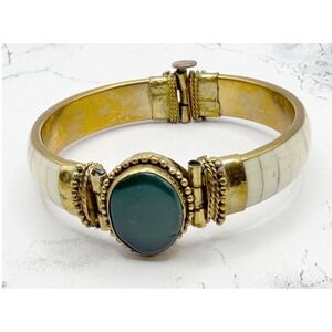 Vintage Mother of Pearl Inlay Cuff Bracelet Green Natural Stone 7.5"
